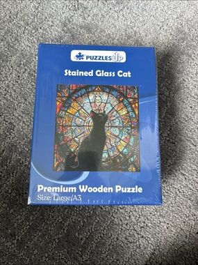 Stained Glass Cat Wooden Puzzle - Blue Packaging
